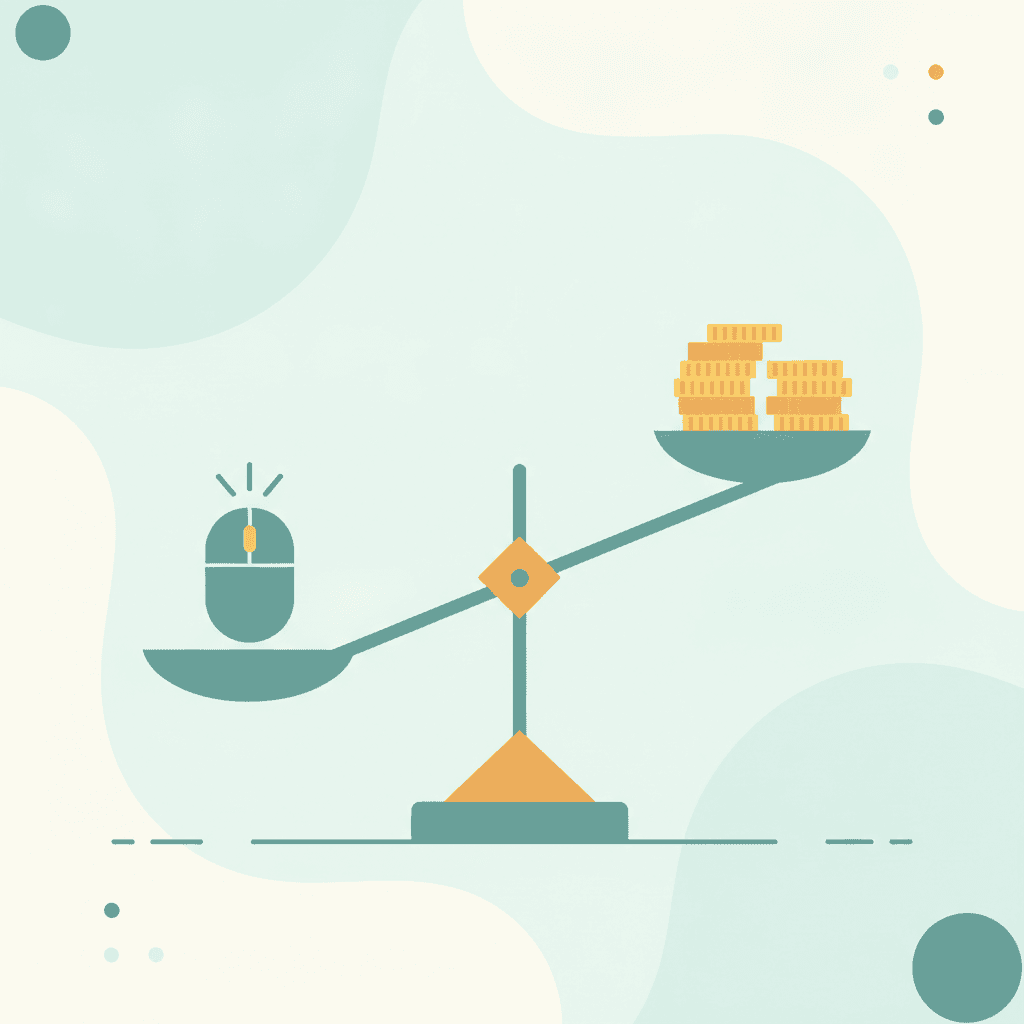 media arbitrage concept illustration: a balance scale weighing a click icon against coins