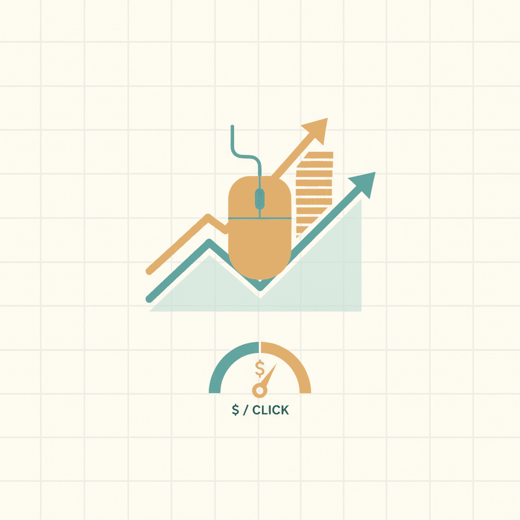 Earnings per click (EPC) concept: a click cursor turning into coins on a rising revenue chart
