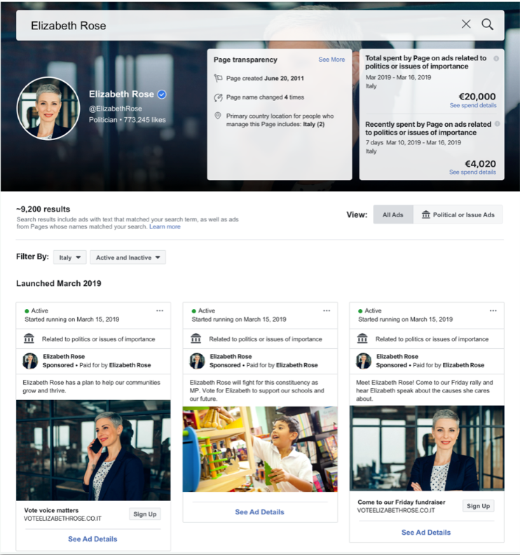 A user interface showing filtering options for an ad library, including country, status, and <a href=
