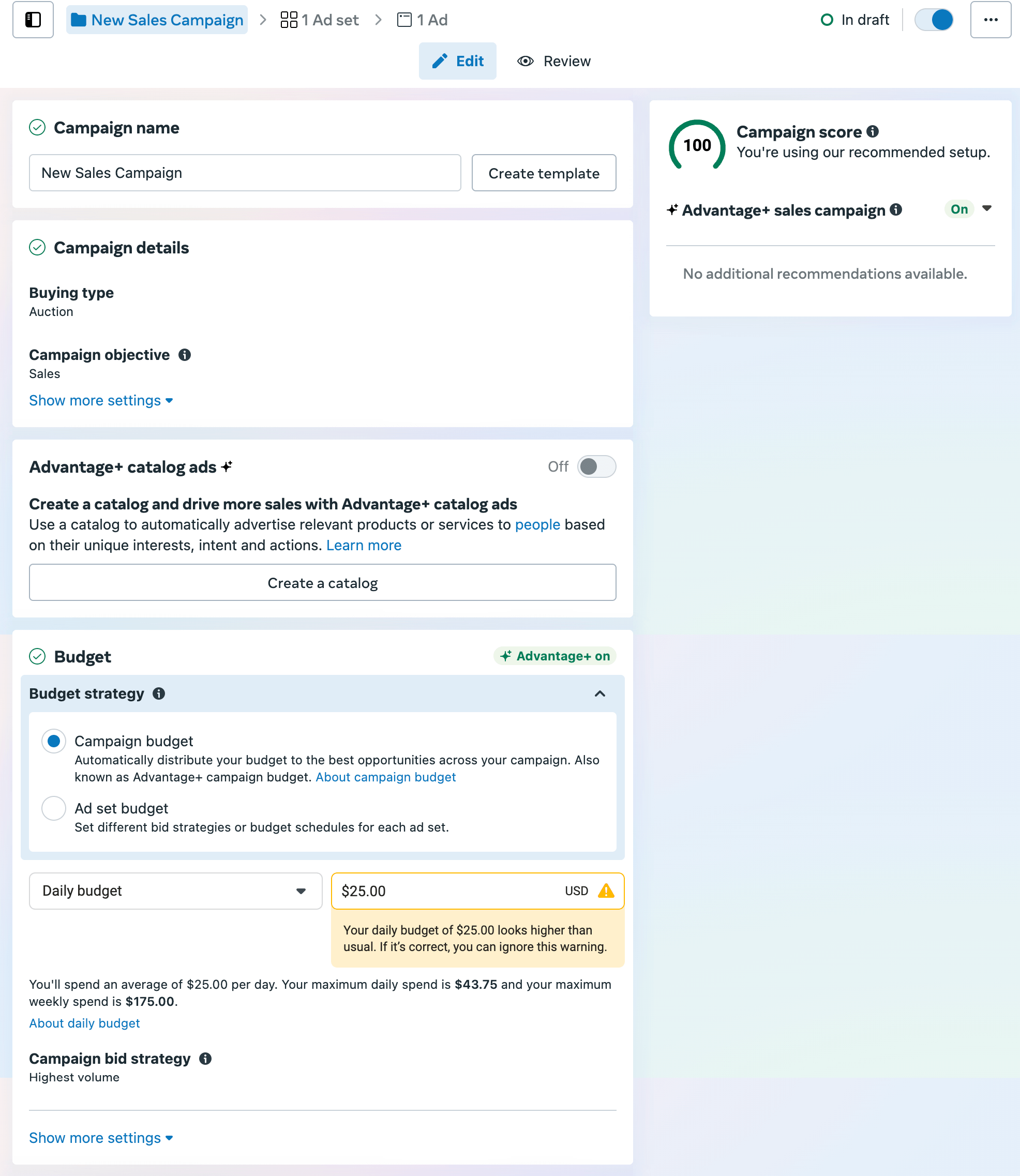 Setting up the campaign name and budget in Ads Manager