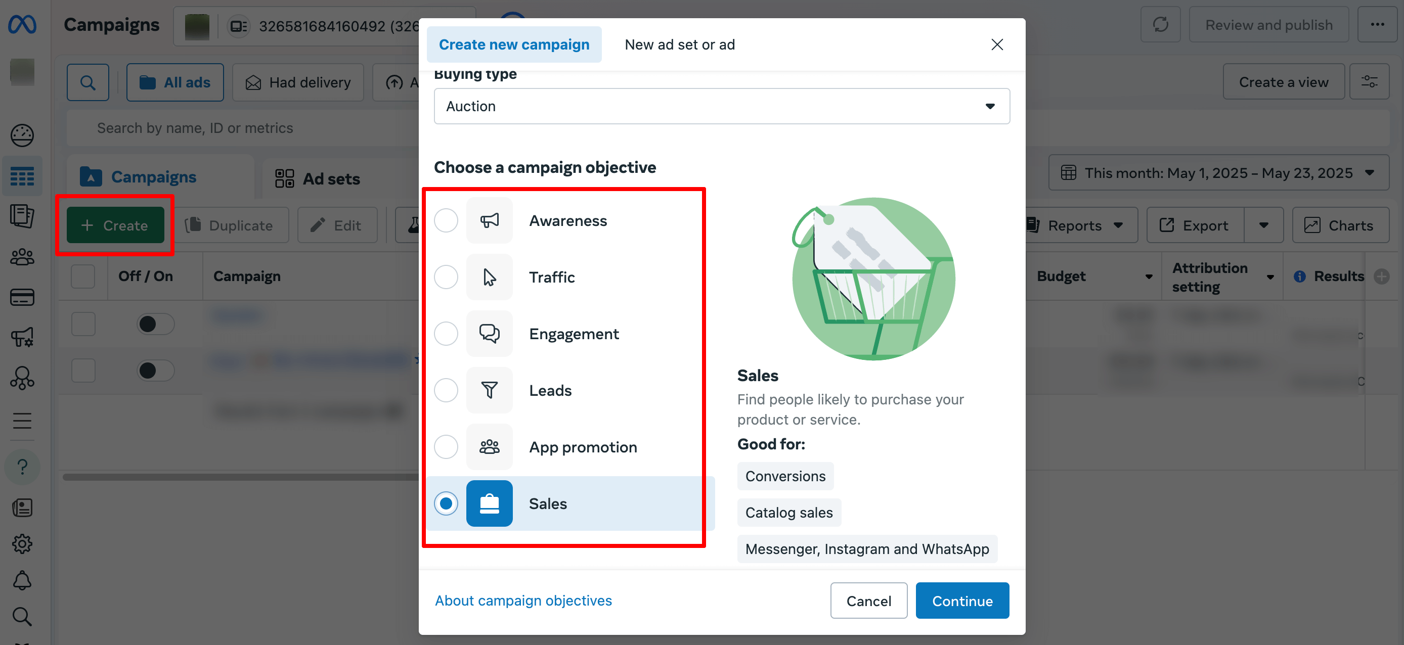 A list of campaign objectives in Facebook Ads Manager