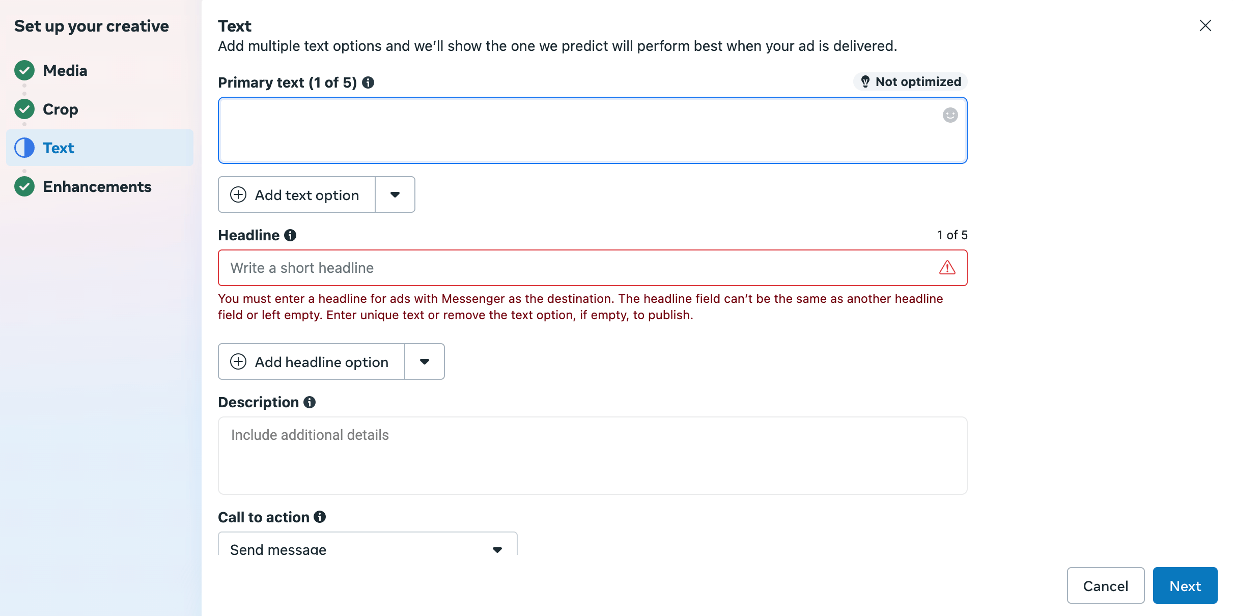 Adding the ad creative including images, text, and call-to-action