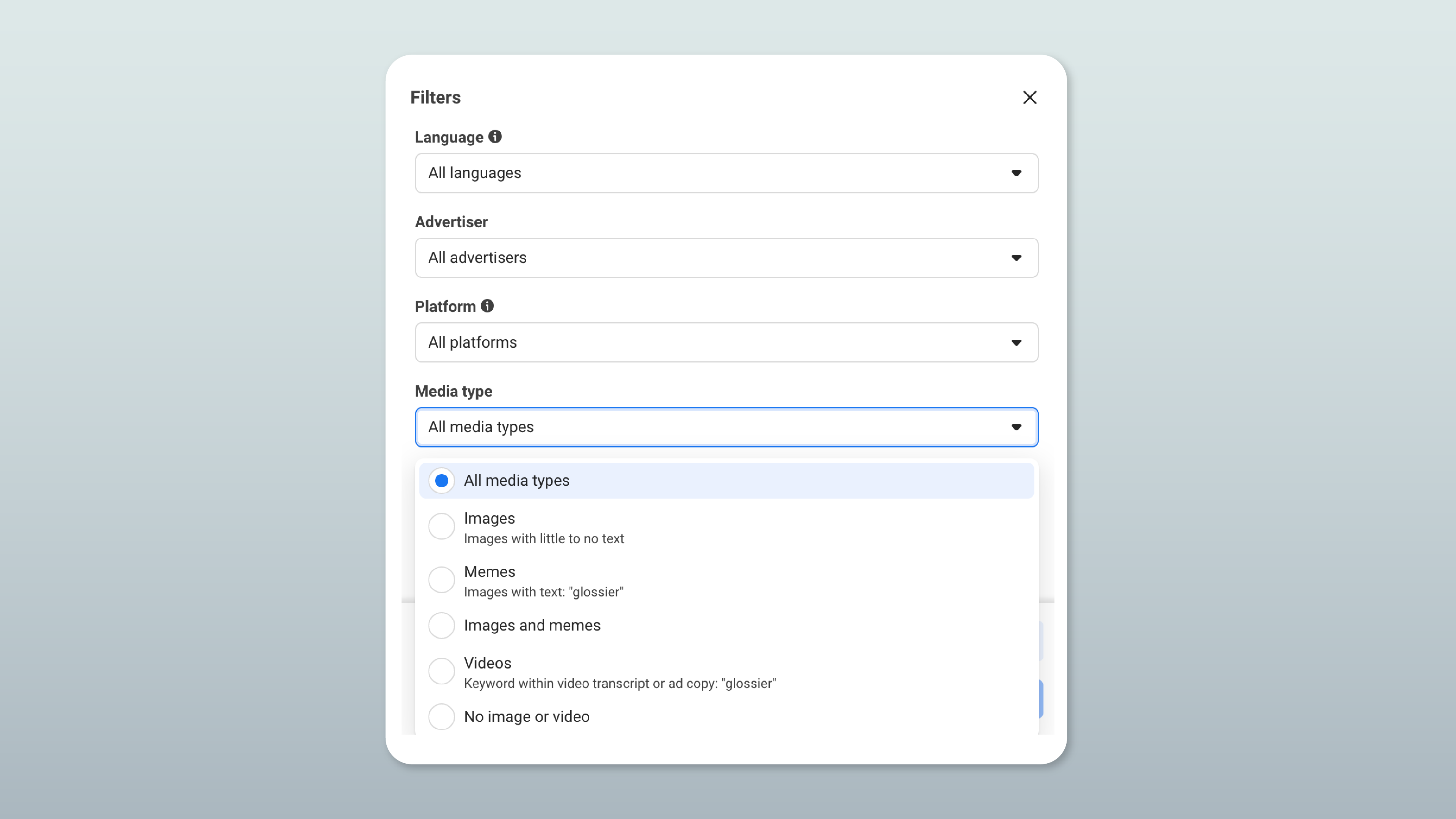 The media type filter menu, with options for images, videos, and carousels.